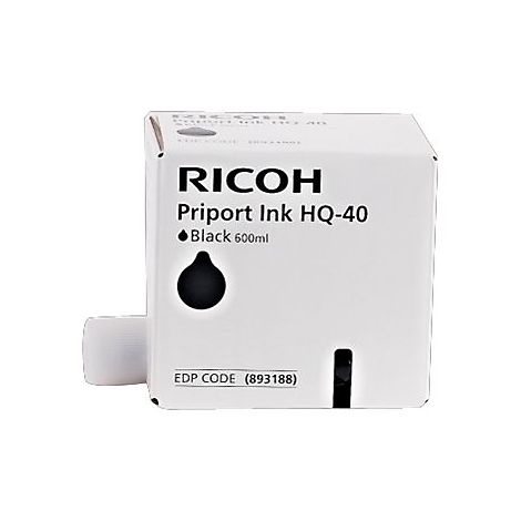 Weiße Ricoh Priport Ink HQ-40 Druckerpatrone in Schwarz, 600ml Kapazität.