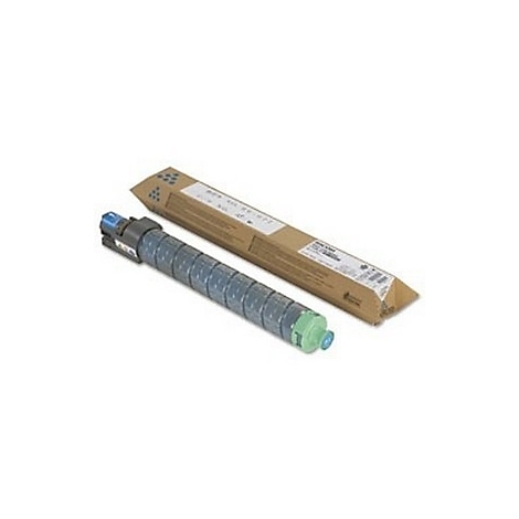 Ein grauer und blauer Toner liegt neben einer geöffneten braunen Verpackung. Auf der Verpackung sind Texte und Zeichen zu sehen.