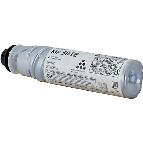 Schwarze Tonerkartusche, MP 301E, mit Warnhinweisen und Produktinformationen.