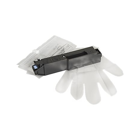 Schwarze Druckerpatrone und Handschuh. Neben Folienbeutel, transparente Einweghandschuhe.