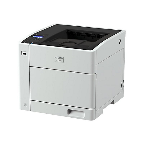 Ein weißer Drucker der Marke Ricoh P C375 vor neutralem Hintergrund. Auf der Oberseite befindet sich ein schwarzer Bereich mit Bedienelementen.