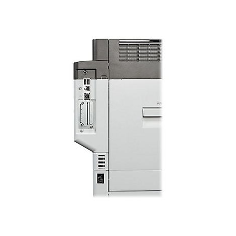 Seitenansicht eines weißen Druckers, Details sind sichtbar. Oben grau, unten weiß, ein- und ausschalter.