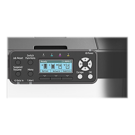 Detailansicht eines Drucker-Bedienfelds. Knöpfe für Funktionen und Navigation sowie ein Display, das den Status 'Bereit' anzeigt.