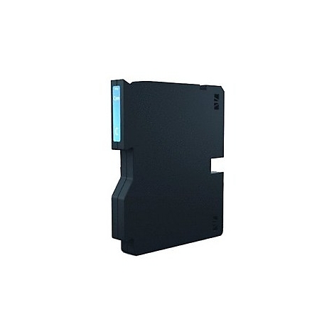 Schwarzes elektronisches Bauteil mit hellblauem Beschriftungsfeld. An der Seite sind Buchstaben und Zahlen zu erkennen.