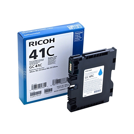 Ein Cyanfarbener Druckerpatronen-Kartusche mit der Aufschrift „RICOH 41C“ neben der Produktverpackung, die ebenfalls diese Informationen trägt.