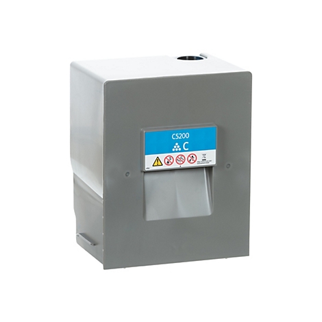 Grauer Druckerzubehörbehälter, blaues Etikett mit Aufdruck C5200 C und Warnsymbolen.