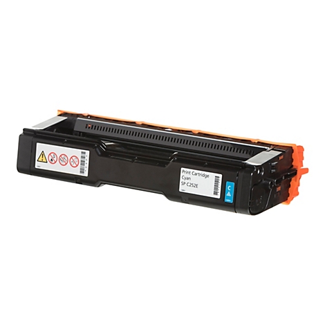 Schwarze Tintenpatrone mit orangefarbenen und cyanfarbenen Akzenten. Auf dem Etikett steht "Print Cartridge Cyan SP C252E".