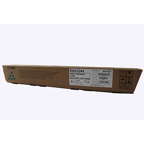 Karton einer Cyan-Druckpatrone von Ricoh. Aufdrucke mit Produktinformationen und Logo.