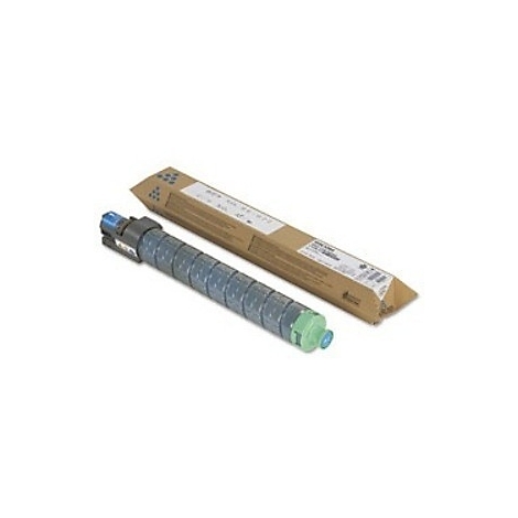 Eine geöffnete, längliche braune Kartonverpackung neben einer Tintenpatrone. Die Patrone ist zylindrisch, grau-blau und hat blaue und grüne Enden.