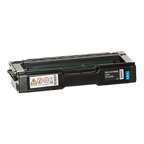 Schwarze Ricoh Cyan Druckerkartusche Modell SP C220E vor weißem Hintergrund.