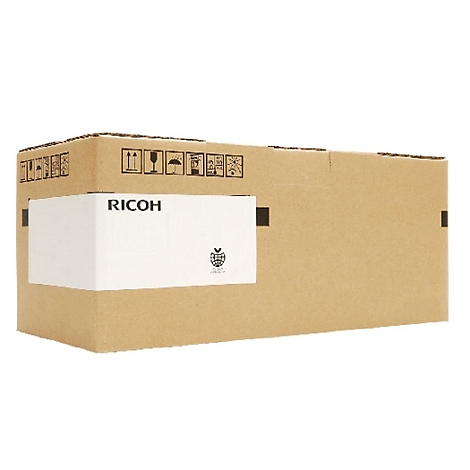 Karton mit Aufdruck "RICOH". Aufkleber mit Piktogrammen und Logos.