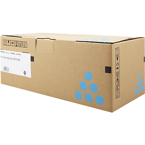 Karton mit Aufdruck "Print Cartridge Cyan SP C310E". Blaue Kreise auf braunem Karton, mit Symbolen und weißem Label.