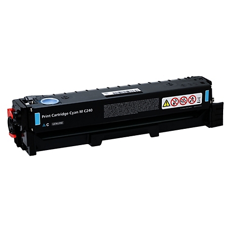 Schwarze Druckpatrone mit blauen und roten Akzenten. Beschriftung: Print Cartridge Cyan M C240, Genuine.