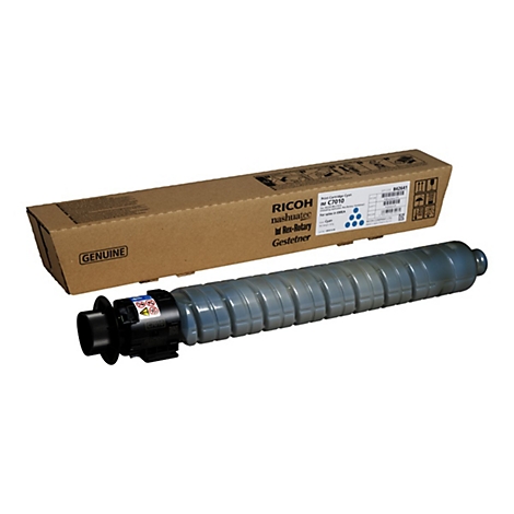 Eine blaue Tintenpatrone und die Verpackung, beschriftet mit Produktinformationen von Ricoh.