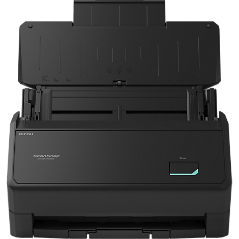 Schwarzer Dokumentenscanner Ricoh ScanSnap mit ausgeklapptem Vorlageneinzug vor neutralem Hintergrund.