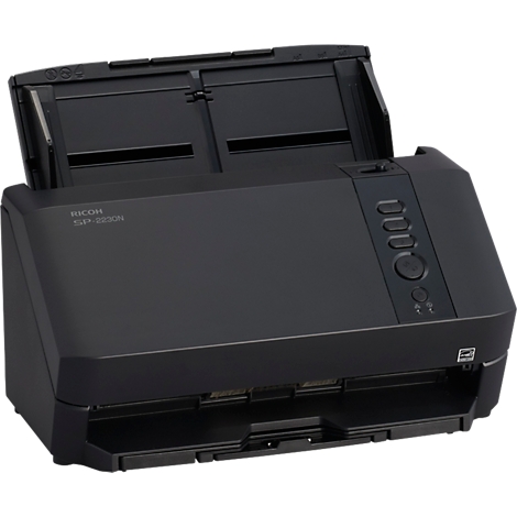 Schwarzer Ricoh SP-1120N Dokumentenscanner vor weißem Hintergrund.