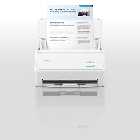 Ein weißer Dokumentenscanner mit eingelegtem Blatt Papier vor einem hellen, neutralen Hintergrund.