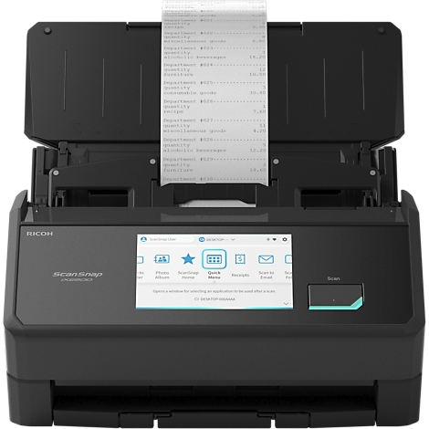 Schwarzer Ricoh ScanSnap Dokumentenscanner mit Touchscreen und eingelegtem Beleg.