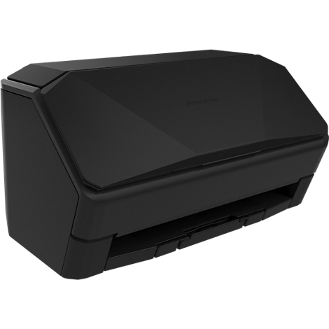 Schwarzer Dokumentenscanner in modernem Design mit geometrisch geformter Oberfläche vor weißem Hintergrund.