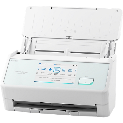 Weißer Ricoh ScanSnap Dokumentenscanner mit Touchscreen-Display und geöffnetem Papierfach.
