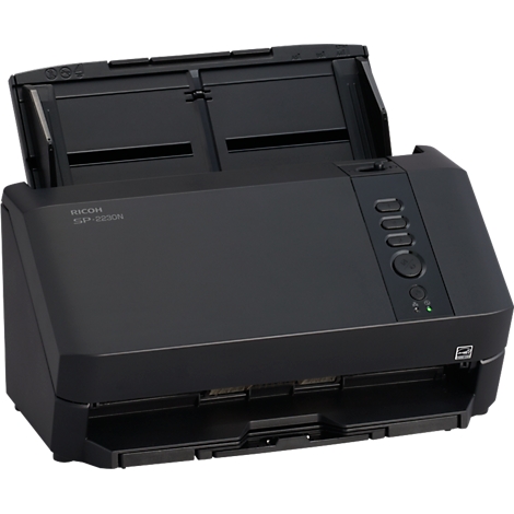 Schwarzer Ricoh SP-1130N Dokumentenscanner vor weissem Hintergrund.