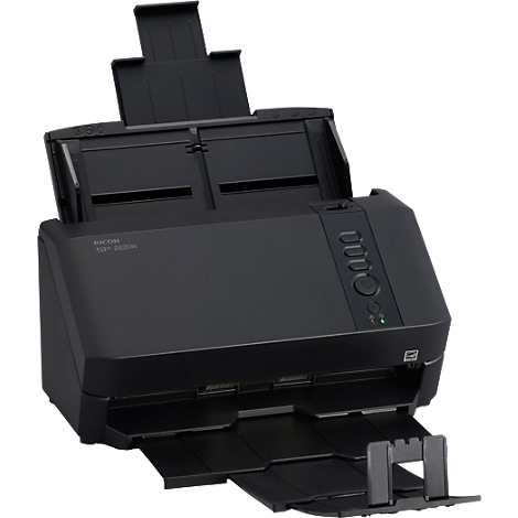 Schwarzer Dokumentenscanner Ricoh SP-1120N vor neutralem Hintergrund mit Papiereinzug oben und Ausgabefach unten.
