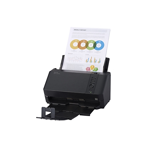 Schwarzer Dokumentenscanner mit einem eingelegten Blatt Papier, das farbige Diagramme zeigt.
