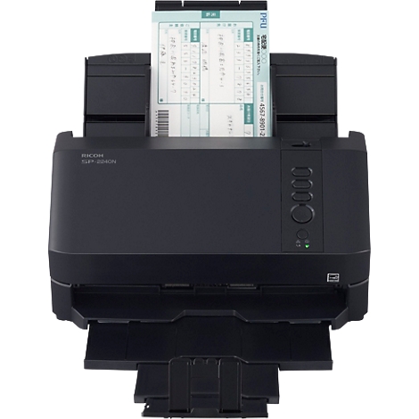 Schwarzer Dokumentenscanner Ricoh fi-8170 mit eingelegtem Dokument im Dokumenteneinzug.