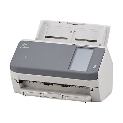 Ein grauer Fujitsu fi-7300NX Scanner, offen dargestellt. Oben befindet sich ein Papiereinzug, daneben ein Bedienfeld.