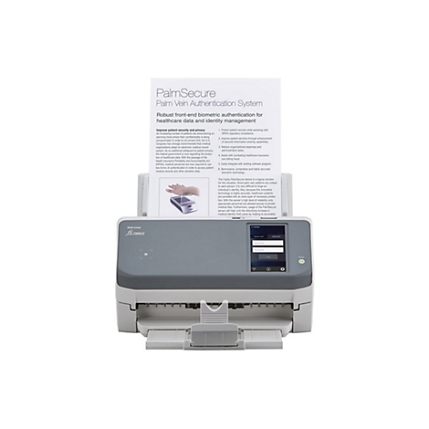 Ein grauer Scanner mit einem Textblatt, das mit dem PalSecure-System wirbt.