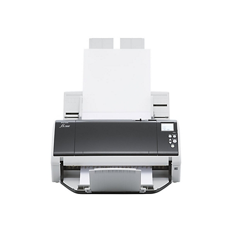 Un scanner de documents gris Ricoh avec du papier inséré sur fond blanc.
