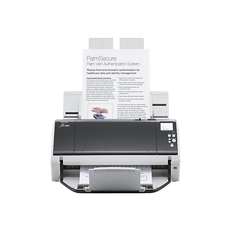 Un scanner gris avec un modèle de présentation blanc montrant des informations sur le système PalmSecure. Plusieurs boutons sont situés à l'avant.