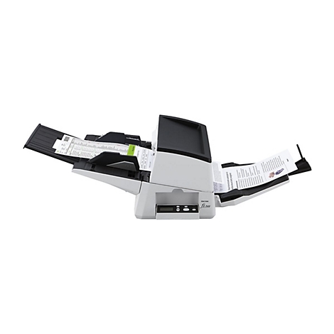 Ein grauer Dokumentenscanner mit geöffneten Eingabe- und Ausgabefächern. Papiere liegen in den Fächern. Auf dem Scanner steht "RICOH fi-7600".