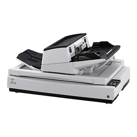 Un scanner de documents noir et blanc. L'appareil est photographié sur fond blanc. L'inscription Fujitsu fi-7700 est apposée sur l'appareil.