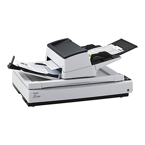 Ein weiÃŸer Scanner mit schwarzem Deckel, Dokumente werden eingescannt. Das GerÃ¤t steht auf hellem Hintergrund.