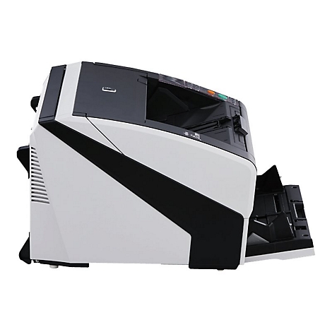 Ein großer, weißer Drucker mit schwarzen Akzenten und offenem Papierfach. Die Oberseite ist schwarz mit grünen und orangefarbenen Kontrollleuchten.