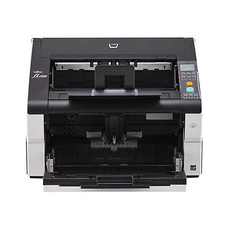 Ein grauer Fujitsu fi-7900 Scanner mit geöffneten Klappen und Bedienfeld mit Knöpfen.
