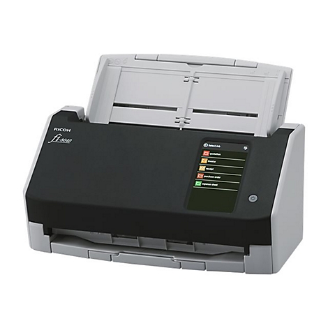 Ein grauer und schwarzer Flachbettscanner. Auf dem Display werden Optionen wie Angebot, Rechnung, etc. angezeigt.