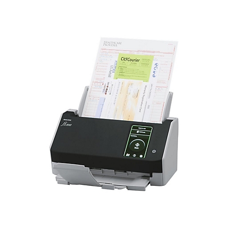 Ein grauer Scanner mit Papier. Auf dem Display: Scan-Taste, Dokumente werden gescannt.