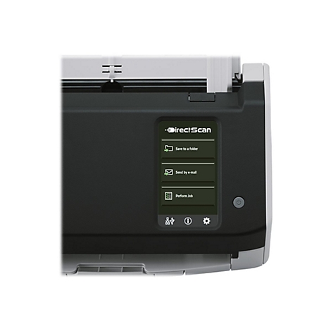 Detailaufnahme eines Scanners mit Bedientasten, darunter „Speichern in Ordner“ und „Per E-Mail senden“.
