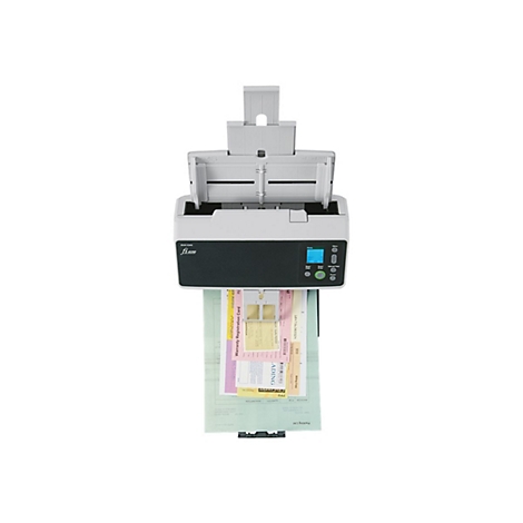 Ein grauer Scanner mit offenem Deckel, der Dokumente einzieht. Auf der Vorderseite das Logo "RICOH fi-8190". Unterhalb kommen Dokumente heraus.