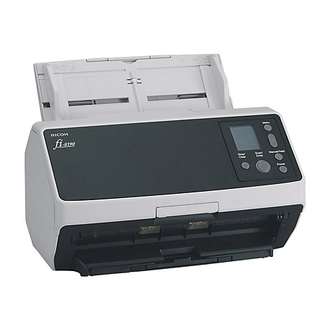 Ein grauer Dokumentenscanner mit geöffneter Zufuhr, Bedientasten und der Aufschrift "Ricoh fi-8190".