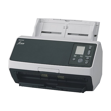 Grauer Scanner mit geöffnetem Papiereinzug. Bedienfeld mit Tasten. Aufschrift: Ricoh fi-8190.