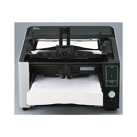 Ein grauer Scanner mit Papier. Auf dem Display steht „Scannen“ und „6“. Unten sind die Tasten „Pause“, „Scan/Stopp“ und „Power“ abgebildet.