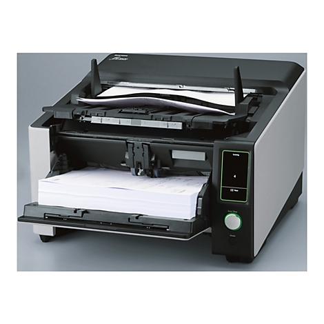 Ein grauer Scanner mit Papier. Oben befindet sich ein Einzug, unten ein Fach für gescanntes Papier. Auf dem Display: Scanning, 4.