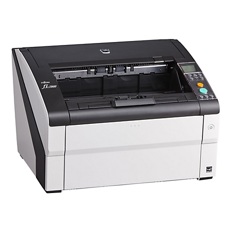 Un scanner Fujitsu fi-7800 gris et blanc avec un couvercle noir et des boutons de commande.