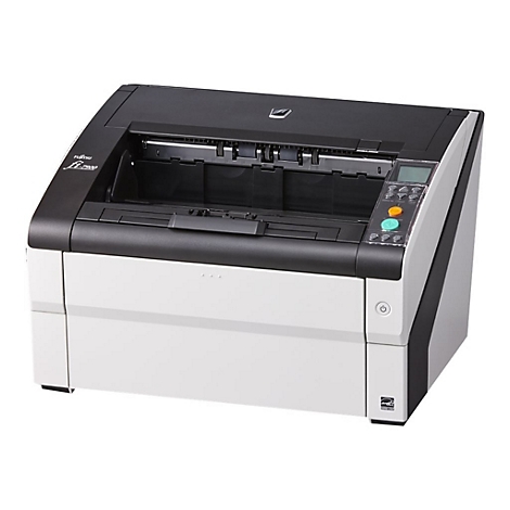 Ein grauer und weißer Fujitsu FI-2900 Dokumentenscanner mit einer offenen Klappe. Auf der Vorderseite befinden sich grüne und orangefarbene Knöpfe.