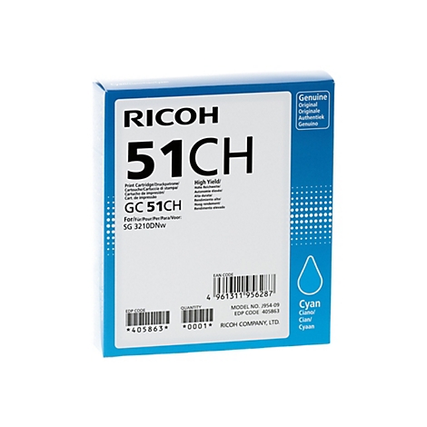 Blaue Ricoh GC 51CH Druckerpatronenverpackung für SG 3210DNw auf weißem Hintergrund.