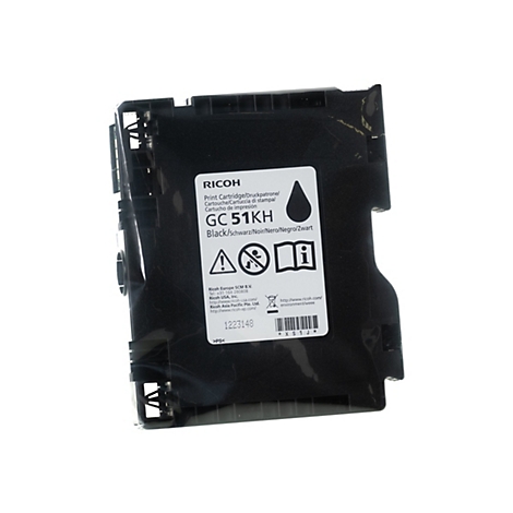Schwarze Ricoh GC 51KH Druckpatrone mit weißem Etikett und technischer Beschriftung.