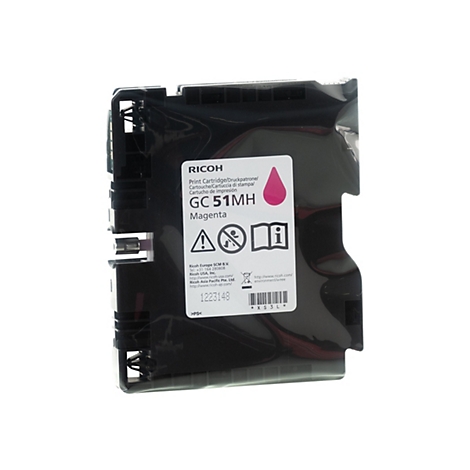Schwarze Ricoh GC 51MH Magenta Druckerpatrone vor weißem Hintergrund.